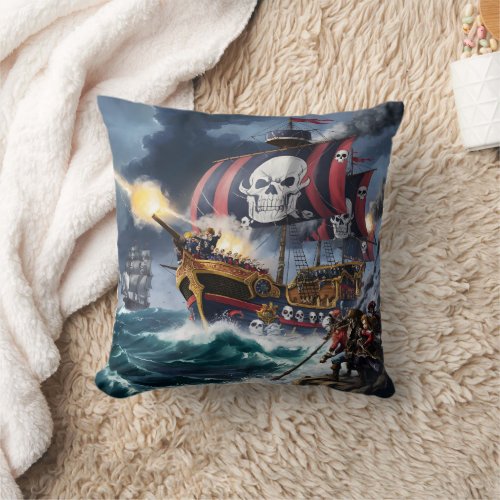 Pirate Ship Fires Cannonballs in Stormy Seas Throw Pillow