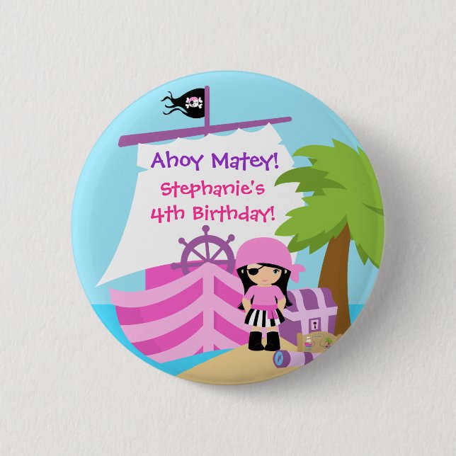 Pirate Ship Girl Birthday Party Button (Front)