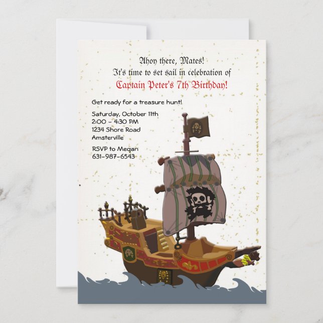 Pirate Ship Grunge Birthday Party Invitation (Front)