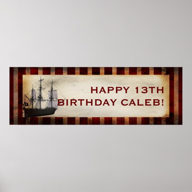 Pirate Ship Grunge Custom Birthday Party Banner Poster (Front)