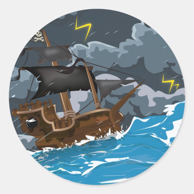 Pirate Ship in Storm Classic Round Sticker (Front)