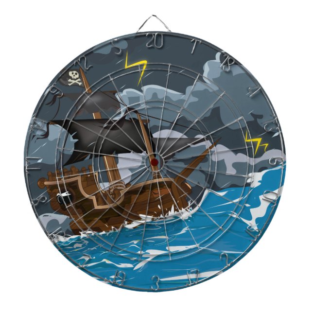 Pirate Ship in Storm Dartboard With Darts (Front)