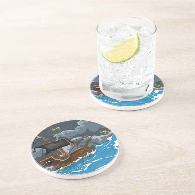 Pirate Ship in Storm Sandstone Coaster (Side)
