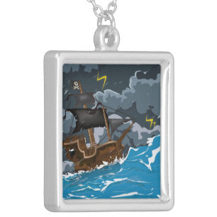 Pirate Ship in Storm Silver Plated Necklace