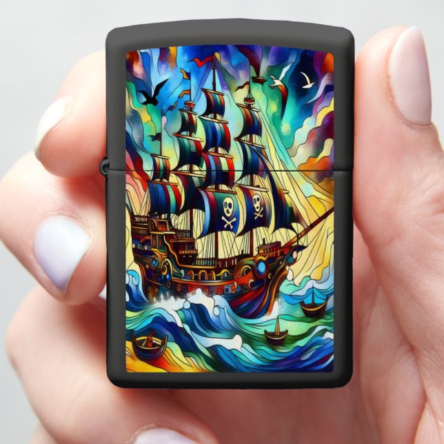 Pirate Ship In Stormy Seas Zippo Lighter (In Hand)