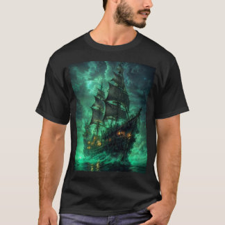 pirate ship in the dark sea t-shirt