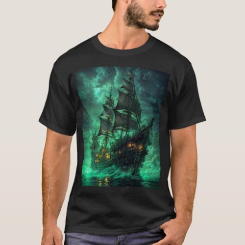 pirate ship in the dark sea t_shirt