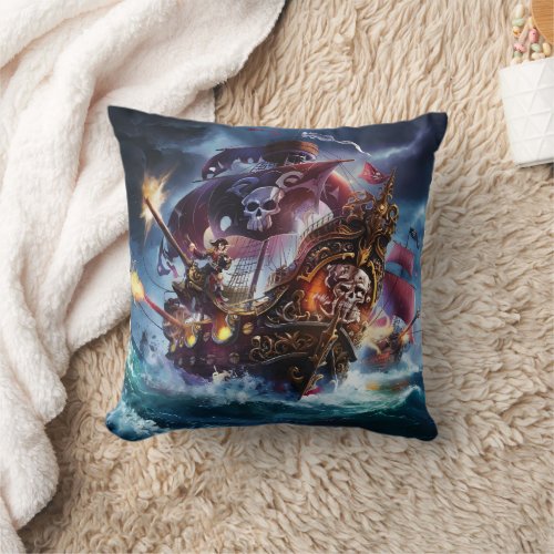 Pirate Ship in Turbulent Dusk Waters Throw Pillow