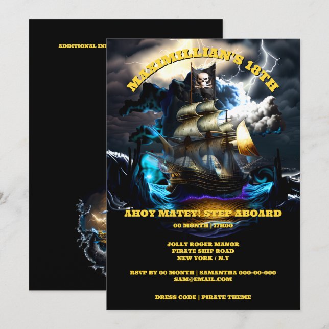 Pirate ship Jolly Roger flag night storm ahoy mate Invitation (Front/Back)