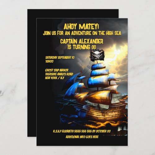 Pirate ship jolly roger flag watercolor ahoy matey invitation