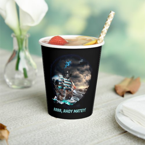 Pirate ship jolly roger storm night sea ahoy matey paper cups