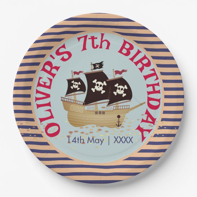 Pirate Ship Kids Birthday Party Paper Plates (Front)