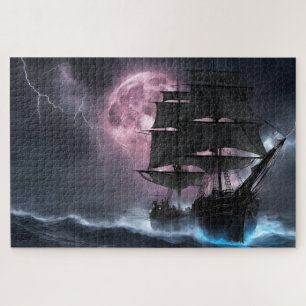 Pirate Ship lightning strawberry moon Jigsaw Puzzle