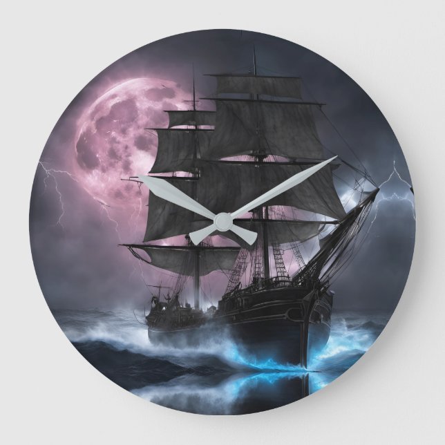 Pirate Ship lightning strawberry moon Personalize Large Clock (Front)