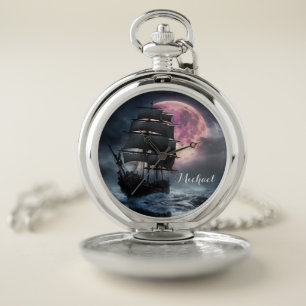 Pirate Ship lightning strawberry moon Personalize Pocket Watch