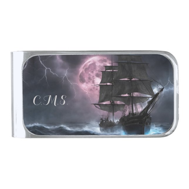 Pirate Ship lightning strawberry moon Personalize Silver Finish Money Clip (Front)