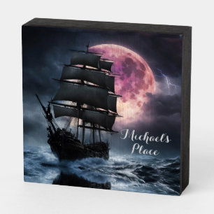 Pirate Ship lightning strawberry moon Personalize Wooden Box Sign