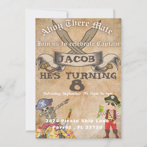 Pirate Ship Map Themed Birthday Invitations