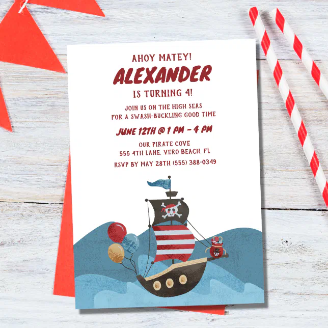 Pirate Ship Nautical Ahoy Boy Birthday Party Invitation | Zazzle