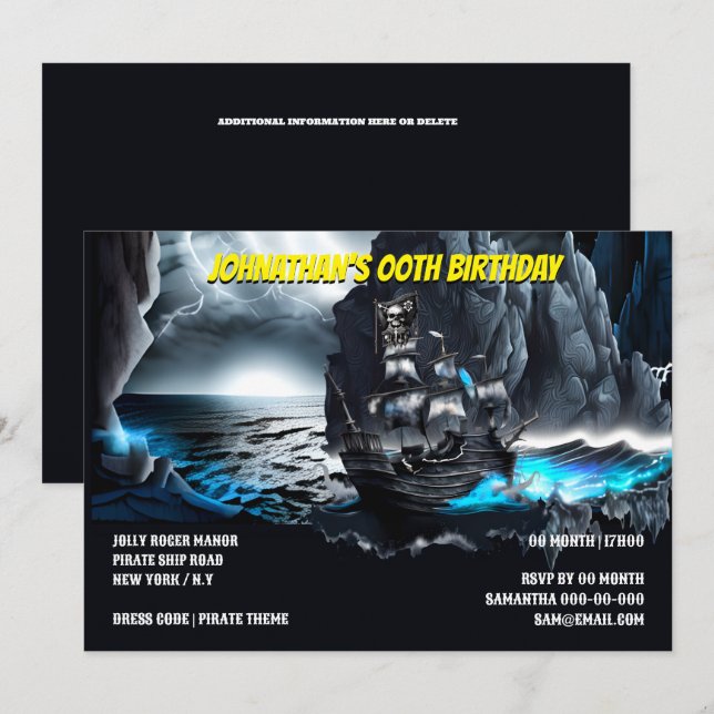 Pirate ship nautical night sea moonlight mountains invitation (Front/Back)