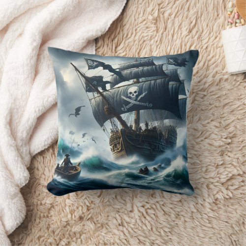 Pirate Ship Navigating Stormy Sea With Crew Throw Pillow