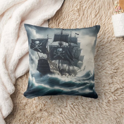 Pirate Ship Navigating Stormy Seas at Dusk Throw Pillow