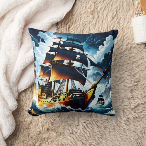 Pirate Ship Navigating Stormy Seas at Dusk Throw Pillow