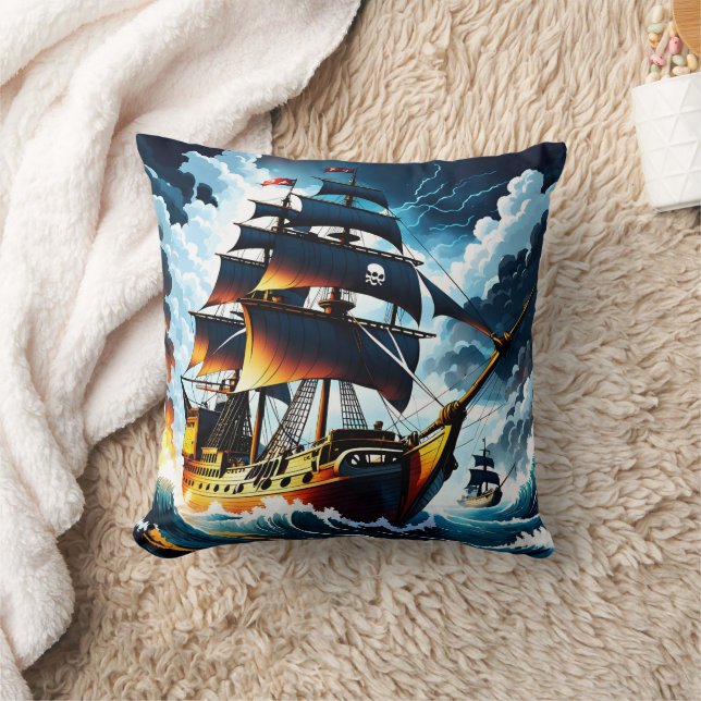 Pirate Ship Navigating Stormy Seas at Dusk Throw Pillow (Blanket)