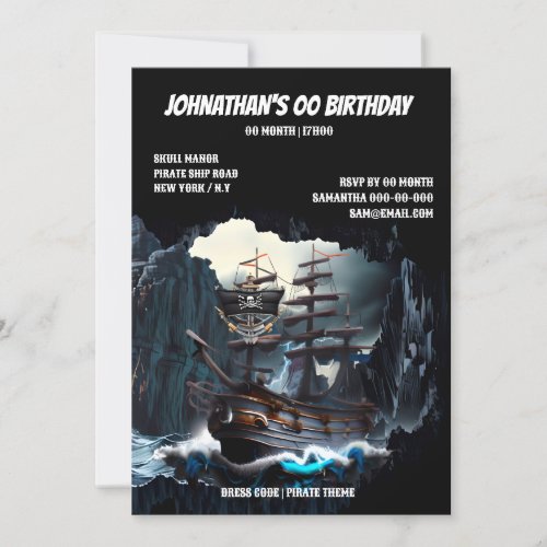 Pirate ship night sea treasure cave jolly roger  invitation