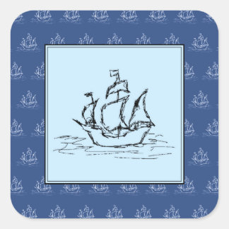 Pirate Ship on Ship Pattern, Blue. Square Sticker