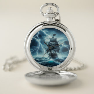 Pirate Ship on Stormy Sea Pocket Watch