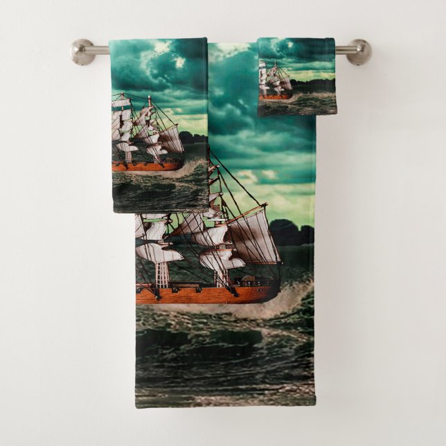 Pirate ship on turbulent seas. bath towel set (Insitu)