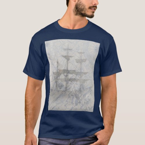 Pirate Ship on Vintage Treasure Map  T_Shirt