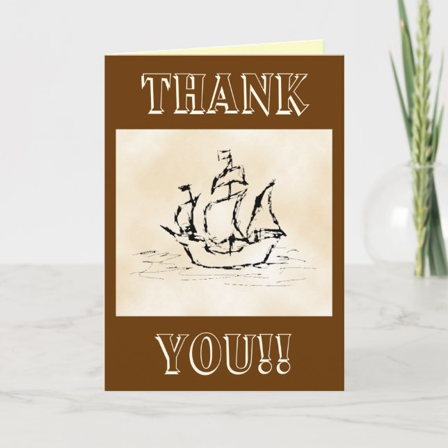 Pirate Ship. Parchment Pattern Background. Letterpress Thank You Card (Front)