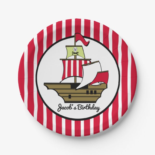 Pirate Ship Red Stripes Paper Plates (Front)