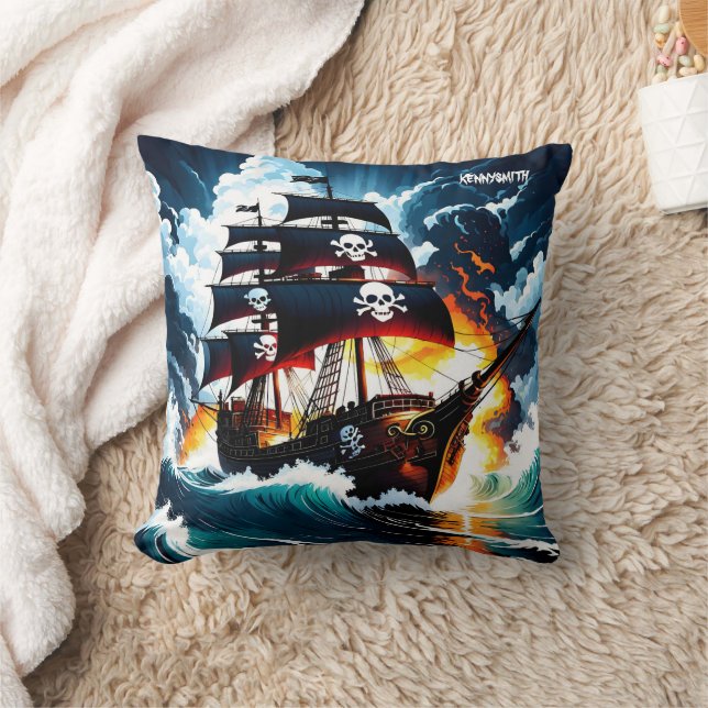 Pirate Ship Sailing Among Stormy Waves at Dusk Throw Pillow (Blanket)