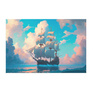 Pirate Ship Sailing In Fluffy Pastel  Clouds Canvas Print