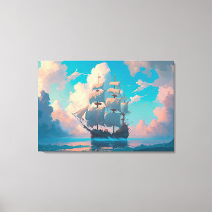 Pirate Ship Sailing In Fluffy Pastel  Clouds Canvas Print