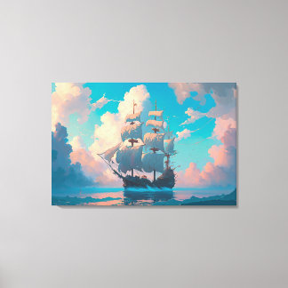 Pirate Ship Sailing In Fluffy Pastel Clouds Canvas Print