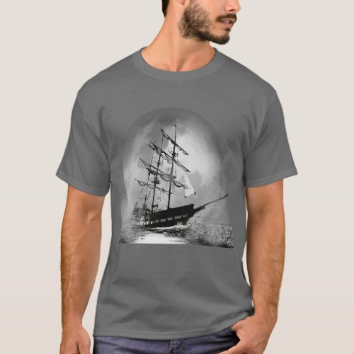 Pirate Ship Sailing out of the Fog Moon T_Shirt