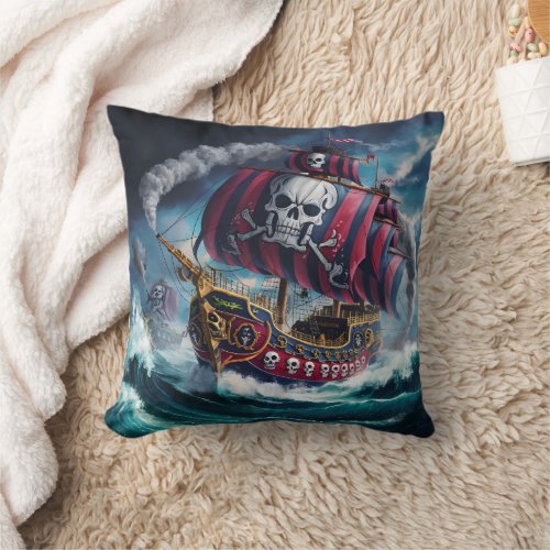 Pirate Ship Sailing Rough Seas at Dusk Throw Pillow