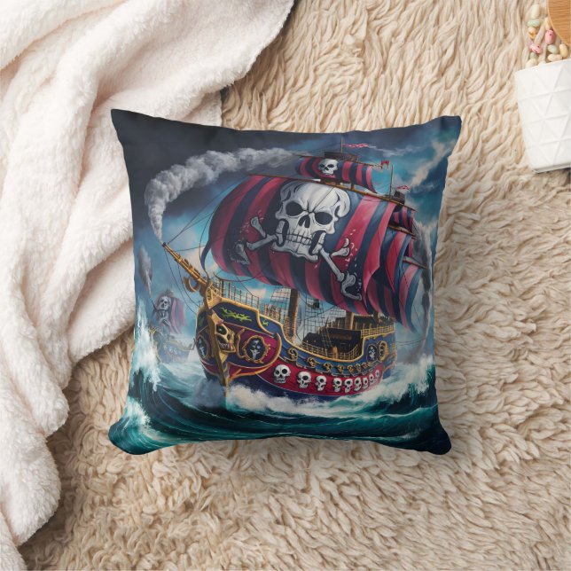 Pirate Ship Sailing Rough Seas at Dusk Throw Pillow (Blanket)