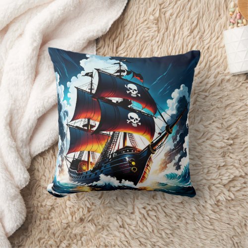 Pirate Ship Sailing Through Stormy Seas at Dusk Throw Pillow