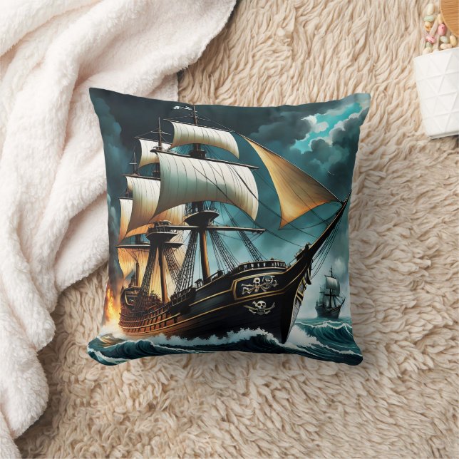 Pirate Ship Sailing Through Stormy Seas at Dusk Throw Pillow (Blanket)