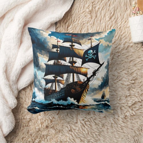 Pirate Ship Sailing Through Stormy Seas at Dusk Throw Pillow