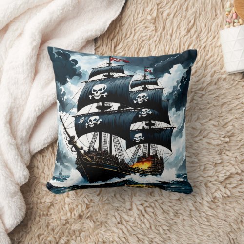 Pirate Ship Sailing Through Stormy Seas at Dusk Throw Pillow