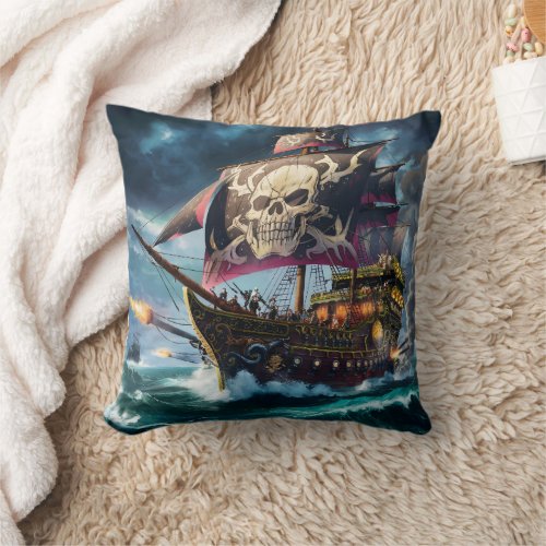 Pirate Ship Sailing Through Stormy Seas at Dusk Throw Pillow