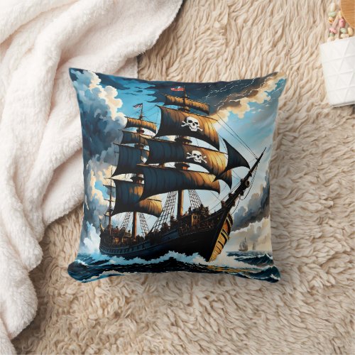 Pirate Ship Sailing Through Stormy Seas at Dusk Throw Pillow