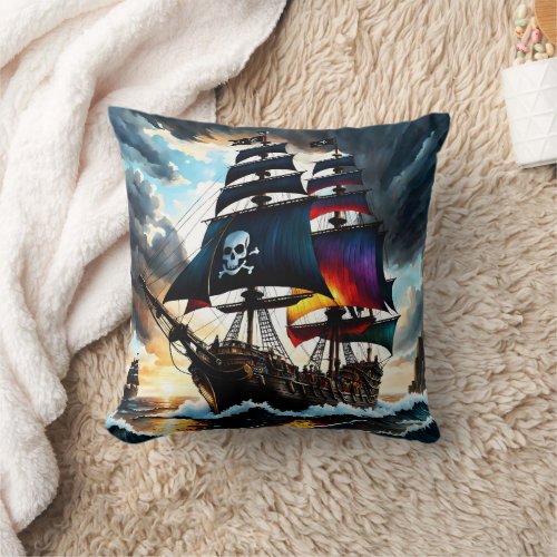 Pirate Ship Sailing Through Stormy Seas at Dusk Throw Pillow