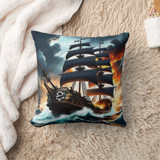 Pirate Ship Sailing Through Stormy Seas at Dusk Throw Pillow (Blanket)